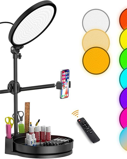 Selfie Light Kit for Desk and Laptop,55W Dimmable Full Screen Ring Light,with Rotating Storage Box,Pen Holder Stand,Phone Holder and Controller (Black-RGB, 10.5)