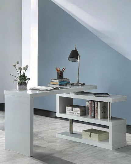 47" Swivel Top Desk with Storage Shelves - 360° Rotating Tabletop Computer Workstation for Home Office - Full Glossy Mirror Finish Space-Saving Corner Writing Table, White