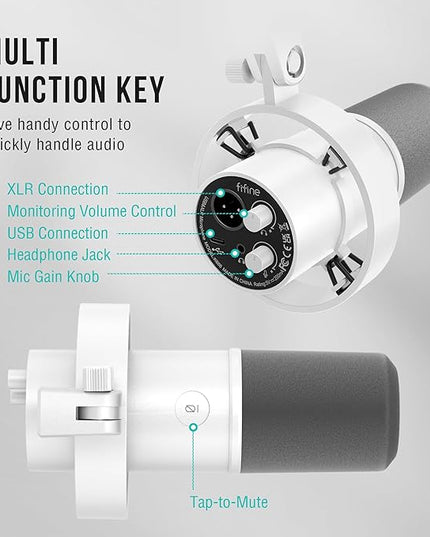FIFINE Podcast XLR/USB Microphone Kit, Studio Dynamic Vocal Mic for Recording, Streaming, Voice-Over, PC Microphone with Boom Arm with Mute, Headphone Monitoring, Metal-AmpliTank K688T White