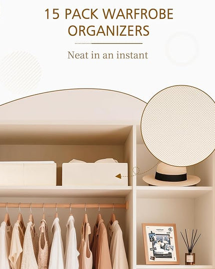 Criusia 15 Pack Drawer Organizer for Clothes, Foldable Dresser Dividers with 3 Sizes, Fabric Storage Bins – Beige