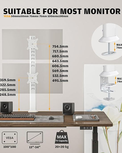 Hemudu Dual Monitor Articulating Desk Mount Arm Stand - Vertical Stack Screen Supports Two 13 to 34 Inch Computer Monitors with C Clamp White