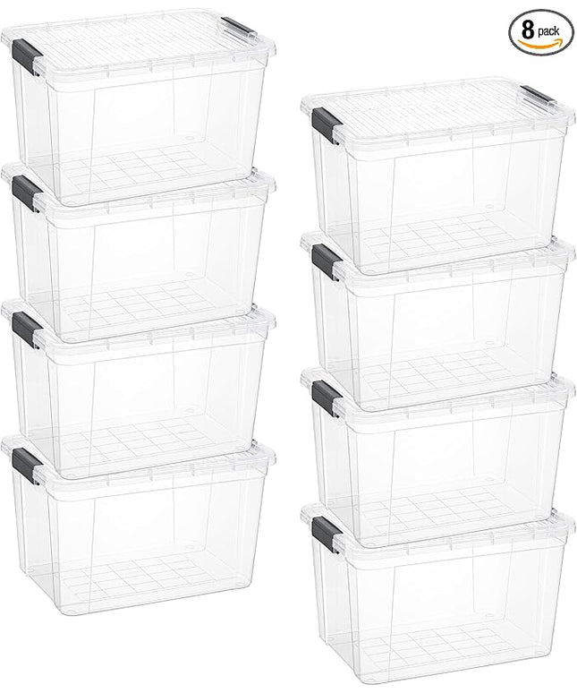 Superio Clear Storage Boxes with Lids, 26 Quart Plastic Container Bins for Organizing, Stackable Crates, BPA Free, Non Toxic, Odor Free, Organizers for Home, Office and Dorm, 8 Pack