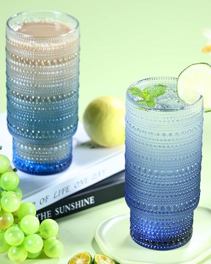 6pcs Hobnail Drinking Glasses Set, 16 oz Vintage Glassware Drinking Glasses, Gradual Gray-blue Water Glasses Tumbler, Cups for Kitchen, Juice, Beer, Cocktail, Whiskey