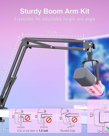 FIFINE XLR Gaming Microphone USB, PC Dynamic Microphone Kit for Vocal, Recording, Podcast, Streaming RGB Mic with Headphone Jack, Mute Button, Boom Arm Stand for Computer/Mixer-AmpliGame AM8T Pink