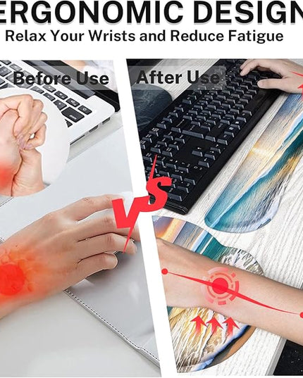 Britimes Summer Beach Sun Ergonomic Mouse Pad Set with Wrist Rest Non-Slip Rubber Base Wrist Cushion Support and Coasters Mousepad with Wrist Support for Computer Keyboard and Desk