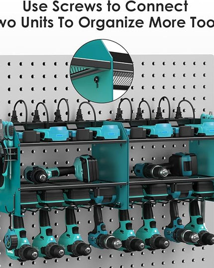 CCCEI Modular Power Tool Organizer Wall Mount with Charging Station. Garage Drill Storage Shelf with Hooks, Heavy Duty Rack, Tool Battery Holder Built in 8 Outlet. Gift for Men. Navy Blue, 2 Pack.