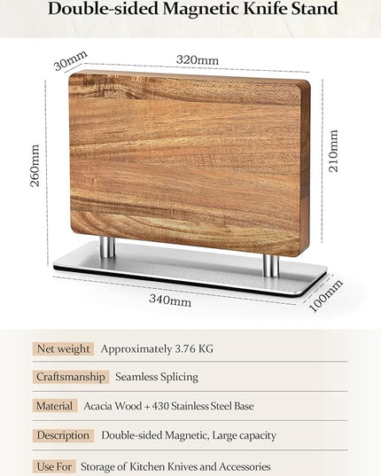 Strong Double Sided Magnetic Knife Block Without Knives, with Acacia Wood+430 Stainless Steel Base，Magnetic Universal Stands with Strong Enhanced Magnets Strip Kitchen Storage Cutlery Large Organizer