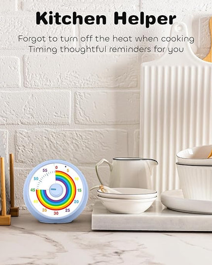 Visual Timer for Kids, 60-Minute Countdown Timer for Classroom Office Kitchen, Desk Timer Kids Time Management Tools with Silent Operation, Pomodoro Time Rainbow Pattern (Aquamarine)
