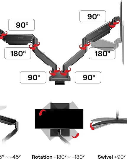 Pixio PS2D Ultrawide Heavy-Duty Premium Dual Monitor Arm Stand Desk Mount - Fits up to 35 inches Two Monitors, Weights up to 33 lbs Each, Height Adjustable, Compatible with VESA 75x75mm 100x100mm