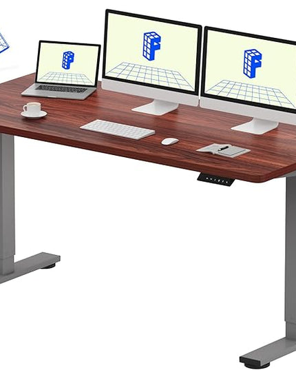 FLEXISPOT EN1 One-Piece Adjustable Stand Up Desk - 60 x 24 Inches Electric Standing Desk with Seamless Desktop (Silver Frame + Mahogany Top, 2 Packages)