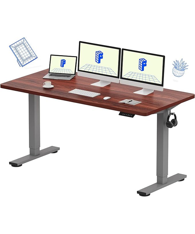 FLEXISPOT EN1 One-Piece Adjustable Stand Up Desk - 60 x 24 Inches Electric Standing Desk with Seamless Desktop (Silver Frame + Mahogany Top, 2 Packages)