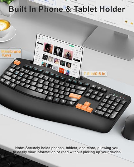 Wireless Keyboard and Mouse Combo, 2.4G Full Size Wave Keys Ergonomic Keyboard with Wrist Rest, Phone Holder, 3-Level DPI Wireless Silent Mouse with 6-Buttons, for Windows/Mac OS/Laptop(Orange Black)