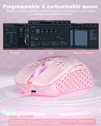 SOLAKAKA SM600 Pink Wireless Gaming Mouse with Honeycomb Shell, Side Buttons,Tri-Modes(BT5.1+BT5.1+2.4GHz) Lightweight RGB Wireless Mouse for PC/Tablet/Desktop/Office/Games