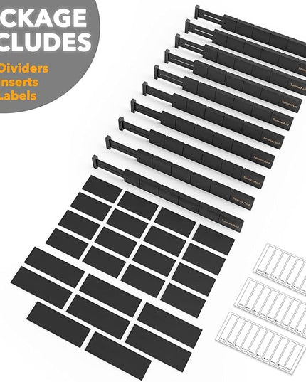 SpaceAid Bamboo Drawer Dividers with Inserts and Labels, Kitchen Adjustable Drawer Organizers, Expandable Organization for Home, Office, Dressers, 10 Dividers with 24 Inserts (17"-22" Black)