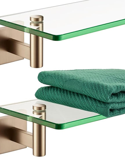 KOKOSIRI Wall Shelves Bathroom Hardware Tempered Glass Floating Shelf Hanging Rack Storage/Room Decor 20-Inch Champagne Bronze 2 Pack B1105CPG-L20-P2