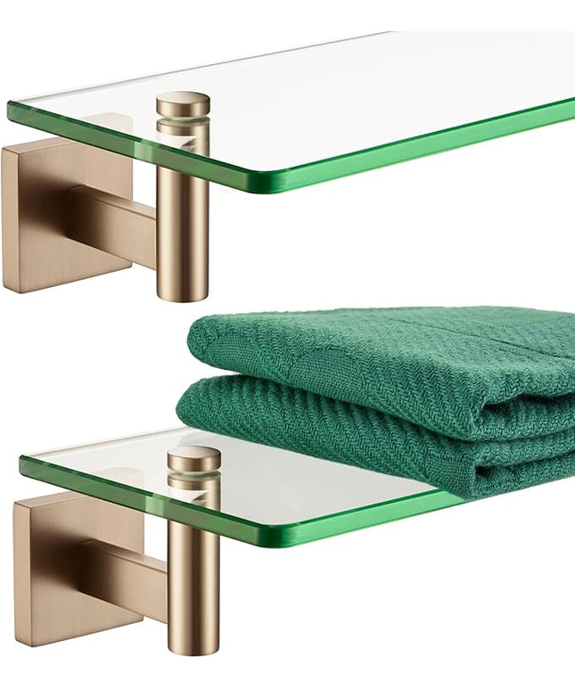 KOKOSIRI Wall Shelves Bathroom Hardware Glass Floating Shelf Small Hanging Rack Storage/Room Decor 12-Inch Champagne Bronze 2 Pack B1105CPG-L12-P2