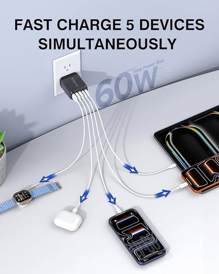 60W USB C Wall Charger Block, 2Pack 5-Port C Charger Fast Charging Block PD Power Adapter+QC 3.0 Multiport Type C Box Brick Cube USB A Wall Plug for iPhone 15/16/17 Pro Max Plus, iPad,Galaxy S24/S23