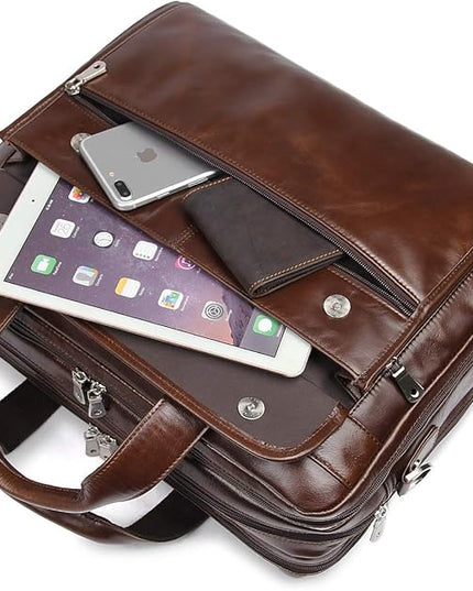 Augus Genuine Leather Mens Briefcase businessTravel Bags 15.6 Inch Laptop Bag YKK Zipper, Coffee