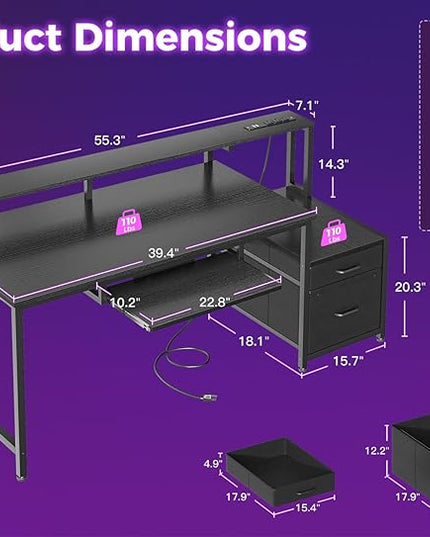 AODK Computer Desk with Drawers, 55" Office Desk with Keyboard Tray and Power Outlet, Reversible Study Work Desk with Printer Space and File Drawers Cabinet for Home Office, Black