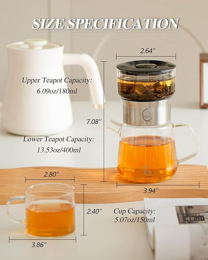 ZENS Modern Glass Tea Infuser Teapot Set, Smart One Touch Tea Maker for Loose Tea Diffusers with 2 Gongfu Cups, Cool Enchanted Tea Pot Alternatives for Black Tea Lovers Gifts-400ml
