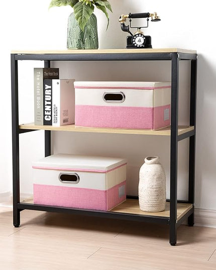 PRANDOM Collapsible Storage Bin with Lid [3-Pack] Fabric Foldable Storage Box Organizer Container Basket Cube with Cover for Home Bedroom Closet Office Nursery Pink&Cream(14.9x9.8x9.8)