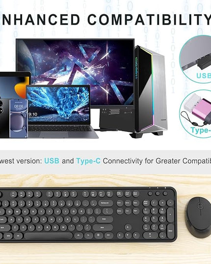 Wireless Keyboard and Mouse Combo, Ergonomic Full Size Typewriter Retro Round Keycaps Keyboard, Compatible with Windows, PC, Perfer for Home and Office Keyboards (Black