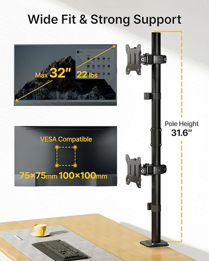 monTEK Stable Vertical Dual Monitor Mount, Stacked Desk Stand for Two 17-32 inch Screens, Full Motion Arm with Tilt, Swivel, Rotation, Supports 22 lbs per Arm, C-Clamp/Grommet Base, VESA 100×100mm Max