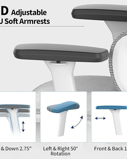 PatioMage Ergonomic Office Chair, Big and Tall Desk Chair with Adjustable Lumbar Support & Seat Depth, High Back Computer Chair, Swivel Mesh Chairs with Wheels for Home Office, White