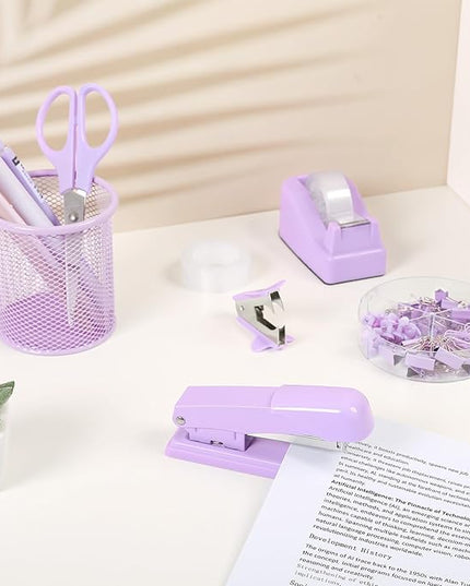 SKYDUE Purple Desk Accessories, Purple Office Supplies Set, Stapler, Tape Dispenser, Scissors, Binder/Paper Clips and 1000pcs Staples,Office Supplies for Women