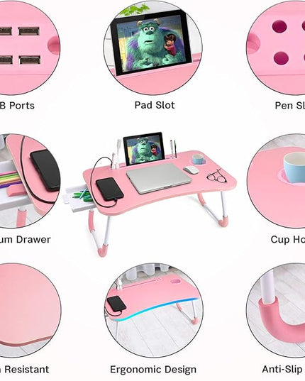 Slendor Lap Desk with Tablet Slot, Foldable Laptop Table with Storage Drawer for Bed，Portable Bed Desk for Laptop, Computer Tray with Cup Holder Notebook Stand Reading Holder for Couch Floor, Pink
