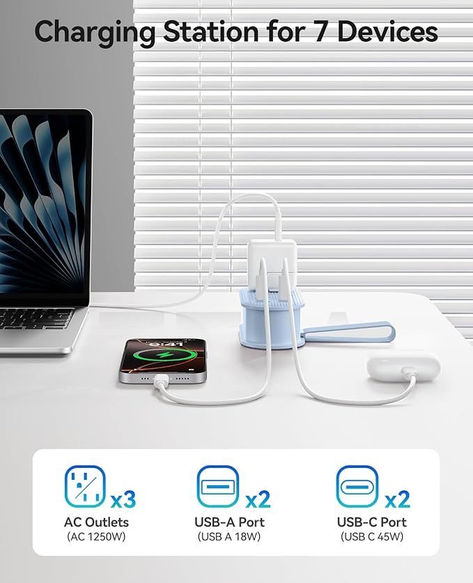 ORICO 45W Power Strip for iPhone 17 and Galaxy S25, 7 in 1 Charging Station with 3AC, 2 USB-A, 2 USB-C, 4ft Thin Extension Cord, Flat Plug Fashion Essential for Travel/Home/Office/Library/Dorm - TK45