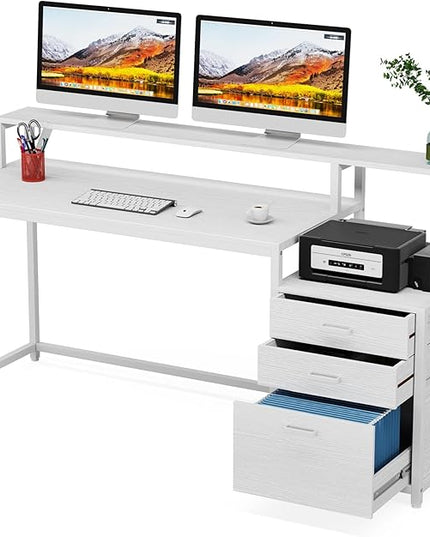 Tribesigns 63 Inch Computer Desk with File Drawer Cabinet, Ergonomic Office Desk with Monitor Stand, Computer Table with Printer Space, Wood PC Table Workstation Desk for Home Office, White