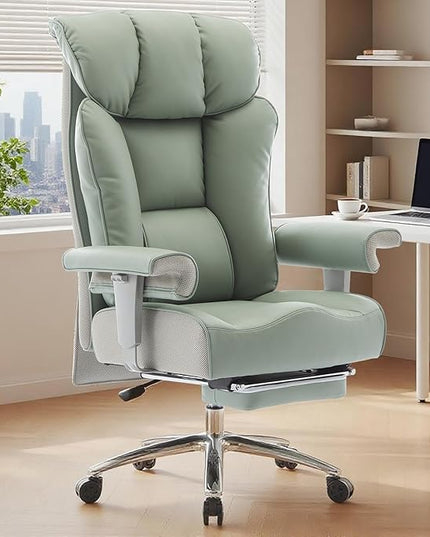 Efomao Big and Tall Green Office Chair 450LBS – Ergonomic High-Back Executive Chair with Footrest, Adjustable Padded Armrests, PU Leather Computer Chair with Lumbar Support for Home or Office，Green