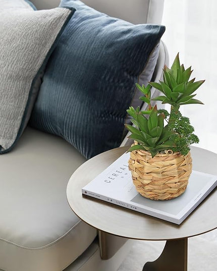 10" Large Succulents Plants Artificial in Wooden Pots, Fake Succulents in Woven Pots, Faux Succulent Artificial Plants Indoor for Home, Bedroom, Living Room, Bathroom Desk Shelf Table Decor