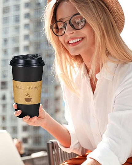 Lamosi 20 oz Disposable Coffee Cups with Lids 50 Pack, Hot Paper To Go Cups with Lids, Stir Sticks and Sleeves, for Home, Travel, Office
