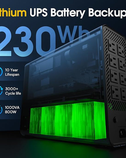 GOLDENMATE 1000VA/800W Lithium UPS Battery Backup and Surge Protector, Backup Battery Power Supply with LiFePO4 Batteries(230.4 Wh), Sinewave UPS System, 10 Years Lifespan, 8 Outlets, LCD Display