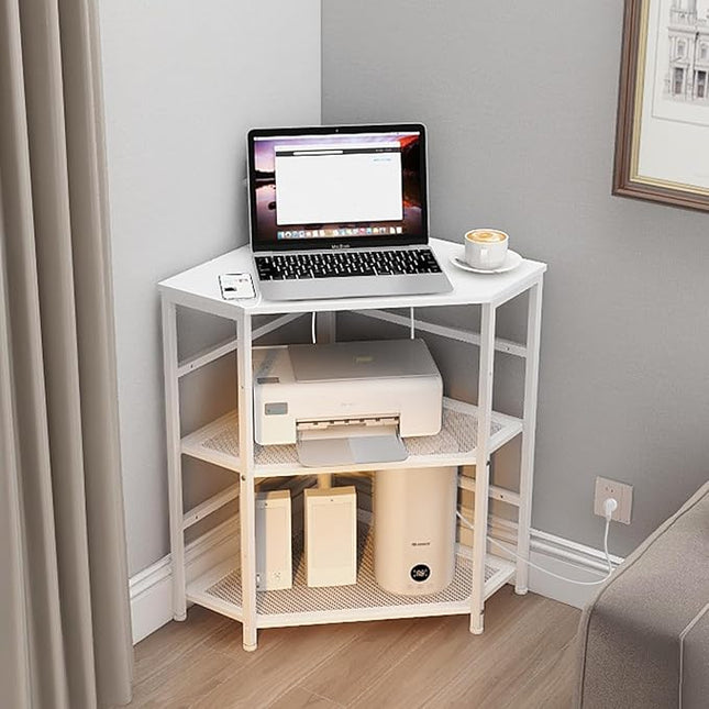 VEDECASA Corner Printer Stand Table with Power Outlet Charging Plugs USB Port Adjustable Storage Shelf Computer Tower CPU Stand Holder for Home Office (White)