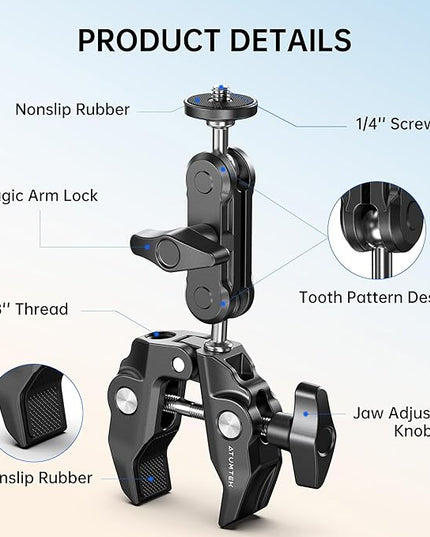 ATUMTEK Super Camera Clamp Mount with 1/4" and 3/8" Threads, Dual Ballhead Magic Arm 360° Ball Head Grip, Phone/Action Camera Mount Adapter for Canon Nikon DSLR Camera, GoPro/Insta360/INSTAX/DJI