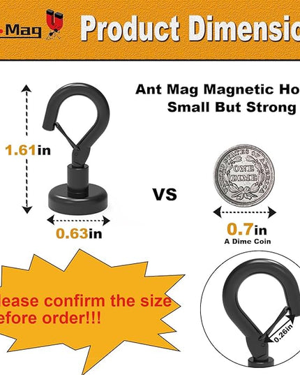 Ant Mag Black Magnetic Hooks Heavy Duty with Snap 22lbs Strong Magnet Hooks Great Hanging for Refrigerator, Cruise Cabin, Grill, Wreath,Kitchen,Office 16 Pack