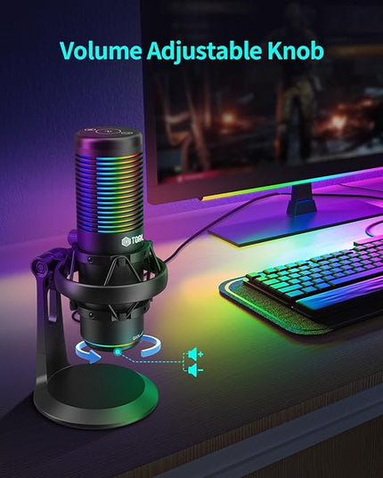 TOALLIN CM20P - USB Condenser Microphone with RGB Lights for Gaming/Streaming/Podcasting/Recording, 192kHz/24Bit, Noise Canceling & Volume Adjustable, Compatibles with Laptop/PC/Tablet/Phone, Black