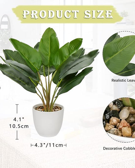 Hollyone Artificial Bird of Paradise Plant in Pot, Fake Palm Tropical Potted Plant 15" Faux Plantain Banana Leaf Plant for Indoor Outdoor Home Desk Office Garden Decoration