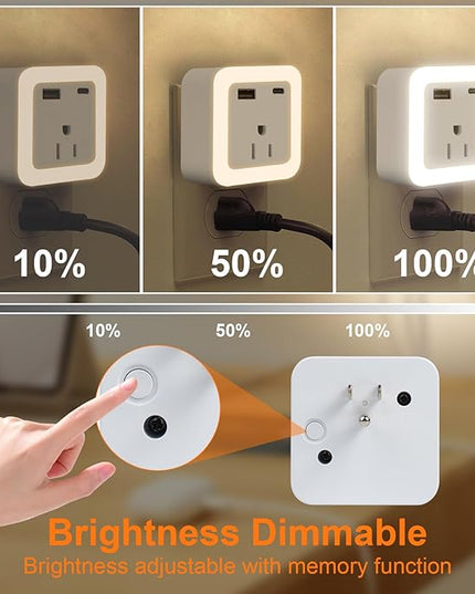 JackonLux Night Lights Plug Into Wall 2 Pack Rechargeable Battery Backup Light Dusk to Dawn Sensor Night Light with Outlet Expander for Adults Kids Bedroom, Kitchen, and Bathroom (Soft White - 3000K)