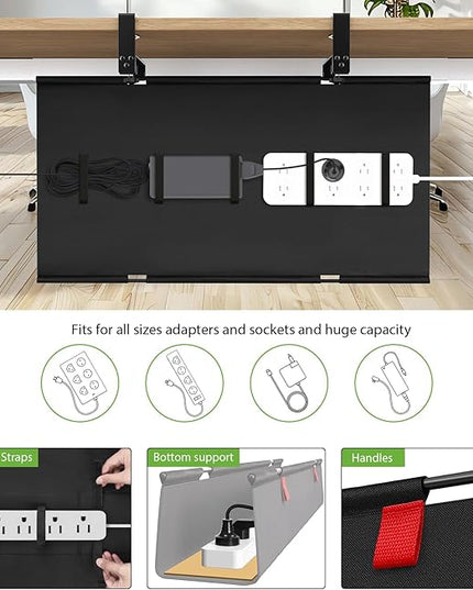 KEEGH No Drill Under Desk Cable Management Tray - 28" Cord Management Under Desk - Clamp/Screw Mount - Support Upto 70lbs - Fabric Wire Management - Gaming/PC Cable Tray Cord Hiders for Office/Home