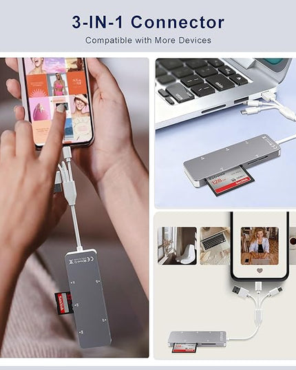 Aluminum 5-in-1 Memory Stick Pro Duo Adapter for iPhone/PC/Android, Lightning USB C USB A Multi Card Reader for SD/TF/CF/MS/XD Cards, High-Speed Data Transfer for Camera/GoPro/Drone
