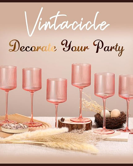 Pink Square Wine Glasses Set of 6, Elegant Ribbed Design Colored Crystal Glassware with Long Stem, 11.5oz Hand Blown Stemware For Red & White Wine Home Bar Party