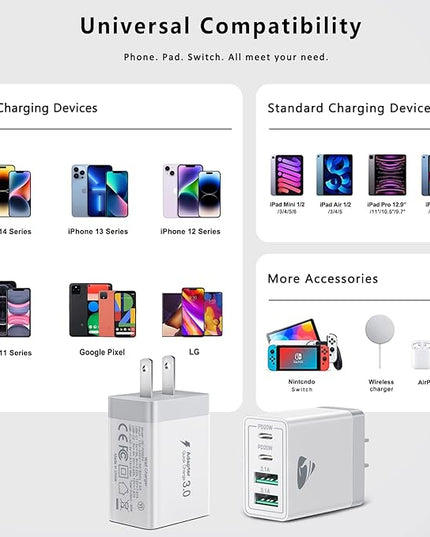 [2-Pack] USB C Wall Charger, 40W Fast USB C Charger Block, 4-Port PD Power Adapter + QC Wall Plug Multiport Type C Charging Block Cube Compatible with iPhone 16 15 14 13 12 11 Pro Max XR XS 8, Samsung