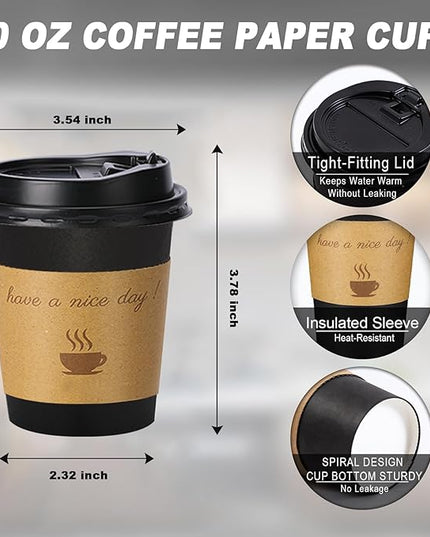 Lamosi 10 oz Coffee Cups with Lids 100 Pack, Disposable Coffee Cup with Stir Sticks and Sleeves, To Go Hot Paper Cup for Home, Travel, Office