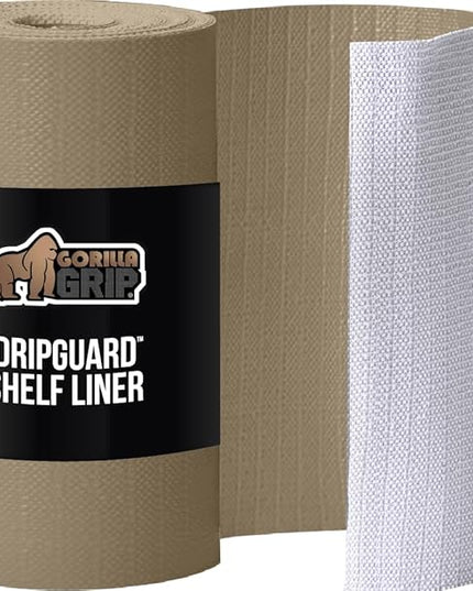 GORILLA GRIP DripGuard Shelf Liner, Non Adhesive Drawer and Kitchen Cabinet Protector, Slip Resistant BPA Free Smooth Surface Plastic Liners for Cabinets, Bathrooms, Closets, 17.5x120 Inch, Beige