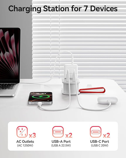 ORICO 22.5W Travel Power Strip, 7 in 1 Charging Station with 3AC, 2 USB-A, 2 USB-C, 4ft Thin Extension Cord, Flat Plug Fashion Essential for Travel/Home/Office/Library/Dorm - TK22