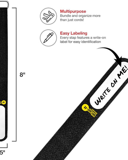 Wrap-It Storage Cinch-Straps, 8-in (18-Pack) Black - Hook and Loop Strap with Write on Label for Easy Cord Identification and Cable Management